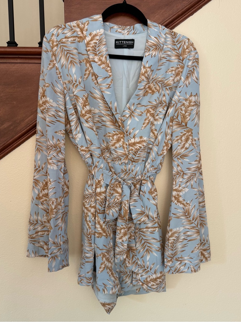 Kittenish Blue and Tan Palm-Print Wrap Romper